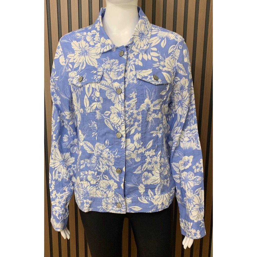 C&C California Blue White Floral 100% Linen Trucker Jacket Women's Large